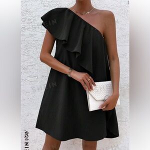 One shoulder, ruffle trim dress